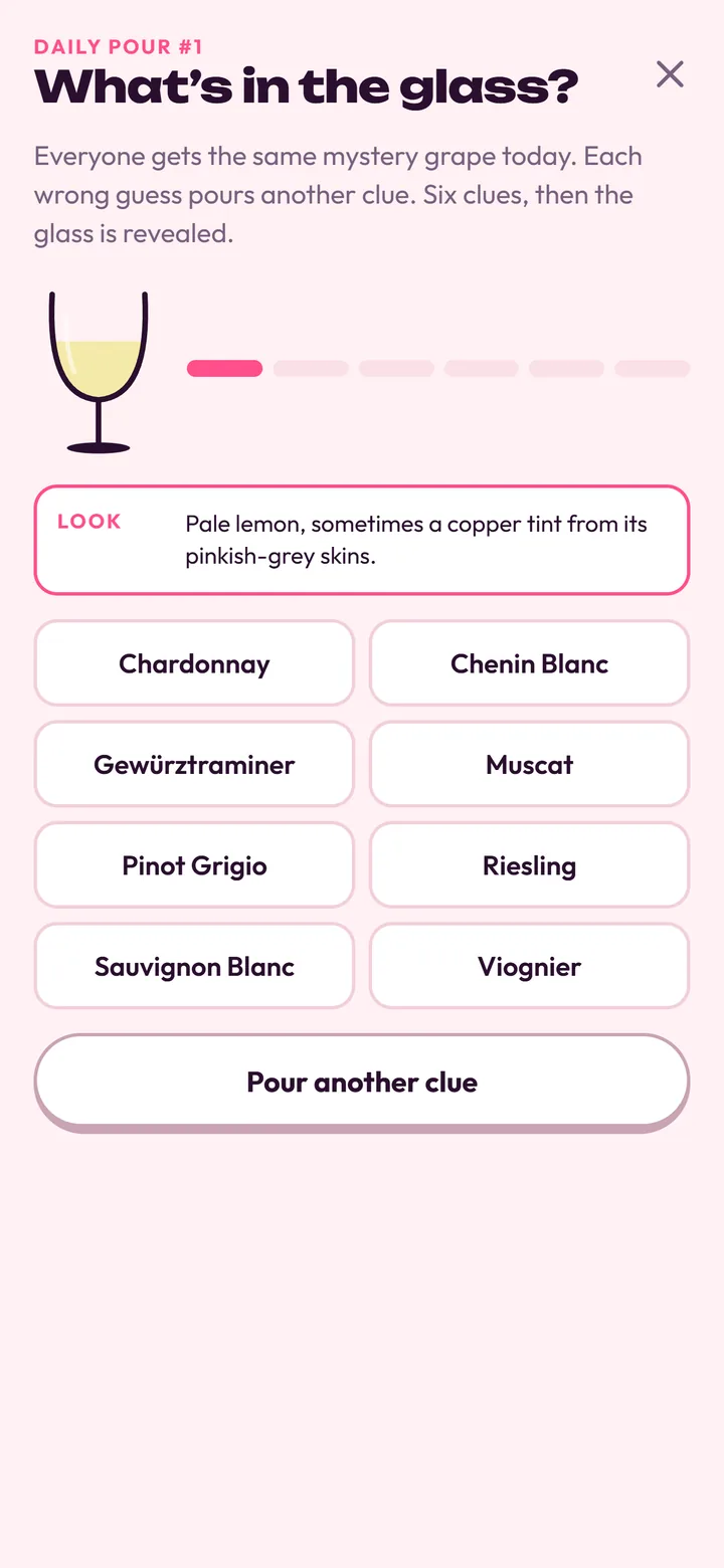 The Daily Pour screen with a mystery white wine and a grid of grapes to choose from