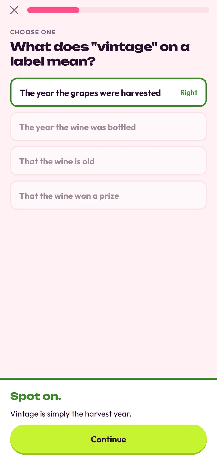 A lesson question about what vintage means, answered correctly with a short explanation